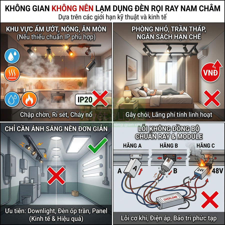 Minh họa các trường hợp không nên dùng đèn rọi ray nam châm do ẩm ướt, phòng nhỏ, chỉ cần ánh sáng nền và lỗi không đồng bộ