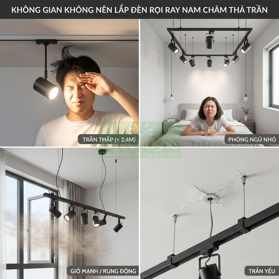 Các trường hợp không nên lắp đèn rọi ray nam châm thả trần như trần thấp, phòng ngủ nhỏ, gió mạnh, trần yếu