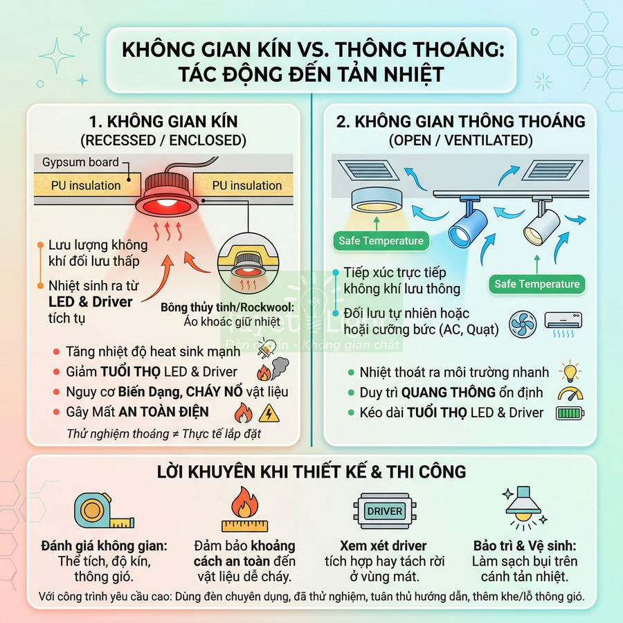 Infographic so sánh tản nhiệt đèn LED trong không gian kín và thông thoáng kèm khuyến nghị lắp đặt