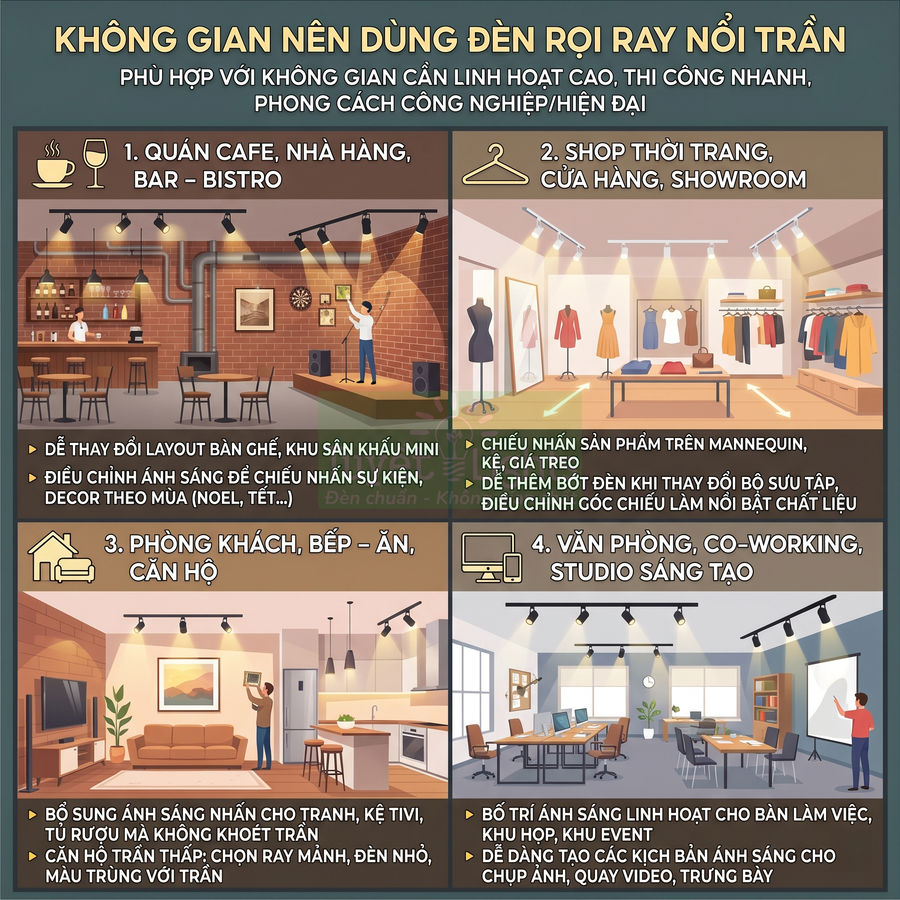 Infographic hướng dẫn sử dụng đèn rọi ray nổi trần cho quán cafe, shop thời trang, phòng khách và văn phòng