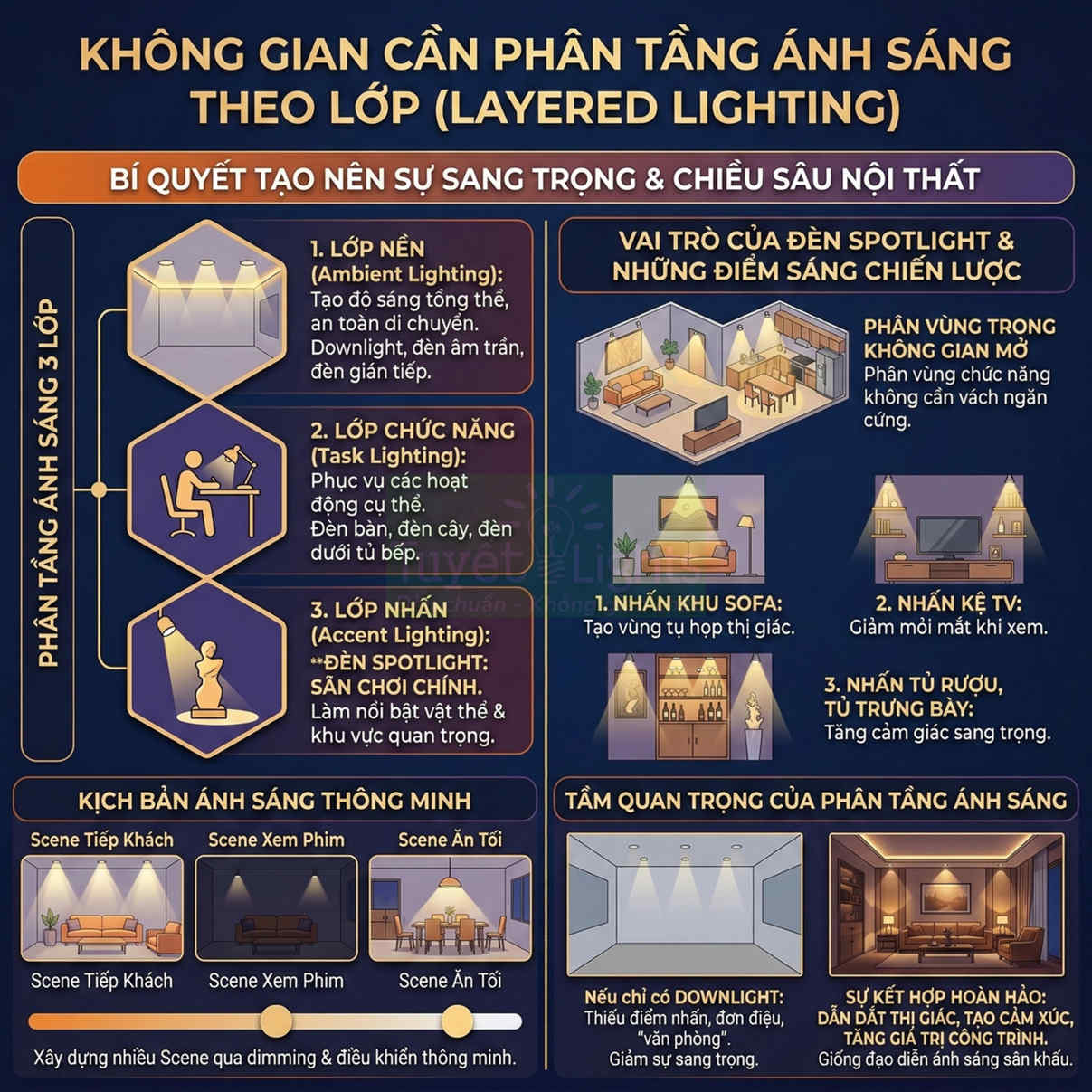 Infographic hướng dẫn phân tầng ánh sáng theo lớp với đèn downlight, đèn bàn, đèn spotlight cho không gian nội thất sang trọng