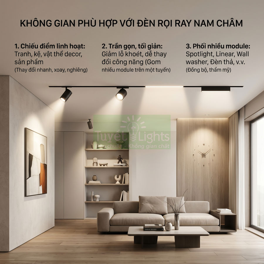 Phòng khách hiện đại sử dụng đèn rọi ray nam châm Tuyết Lights chiếu tranh tường và sofa sáng nổi bật