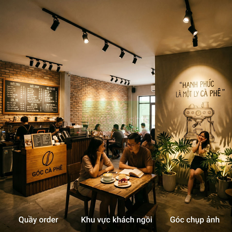 Không gian quán cà phê Góc Cà Phê với quầy order, khu vực khách ngồi và góc chụp ảnh trang trí đẹp