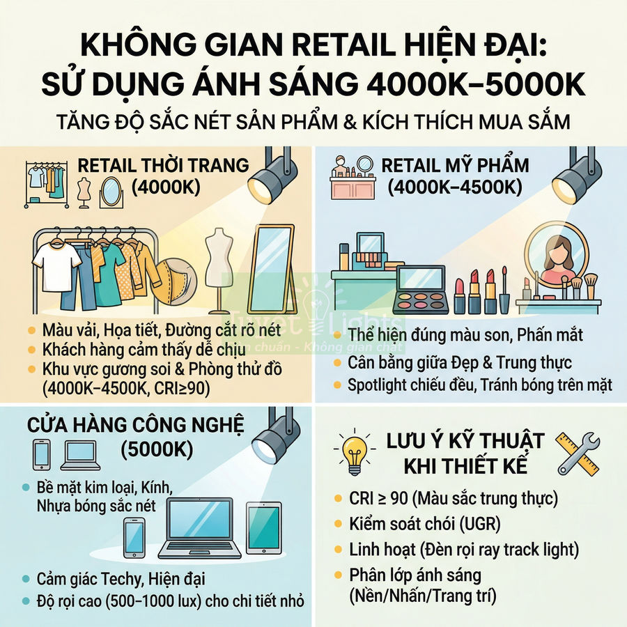 Infographic hướng dẫn dùng ánh sáng 4000K 5000K cho cửa hàng thời trang mỹ phẩm và công nghệ trong không gian retail hiện đại