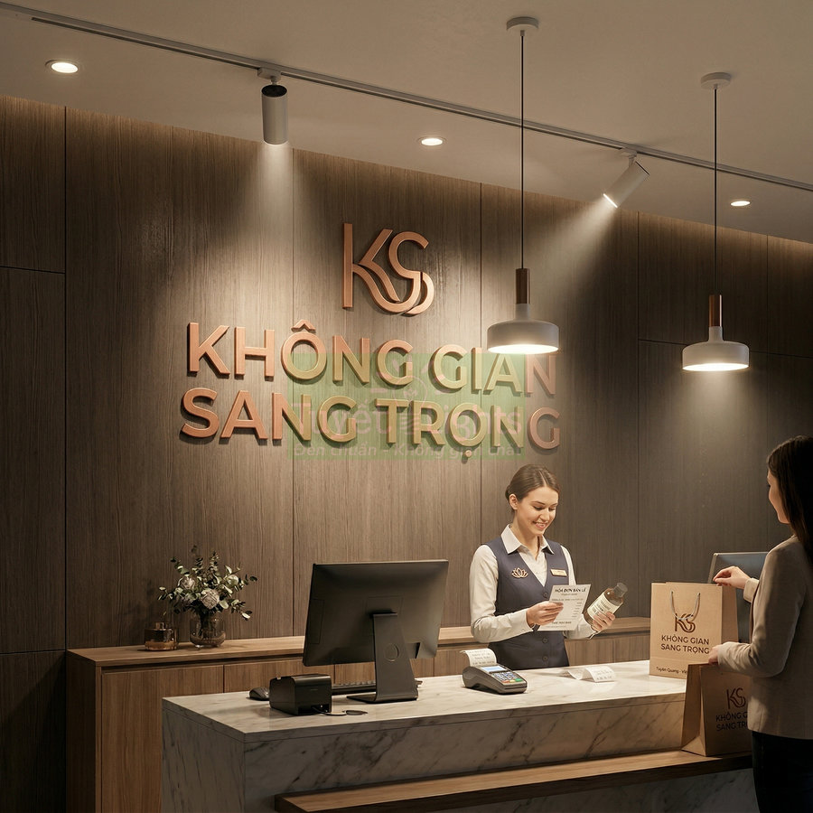 Quầy lễ tân thương hiệu KS Không Gian Sang Trọng với nhân viên phục vụ khách hàng