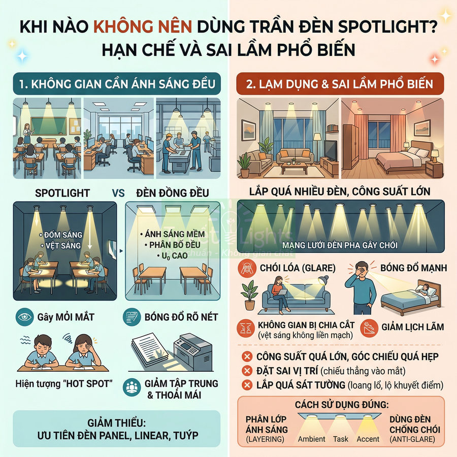 Infographic hướng dẫn hạn chế dùng trần đèn spotlight, so sánh spotlight với đèn panel và cách bố trí đèn hợp lý