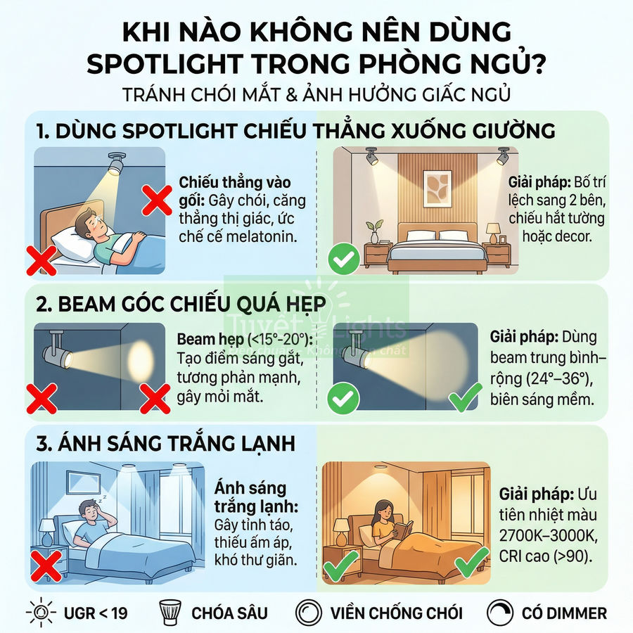 Infographic hướng dẫn chọn đèn spotlight phòng ngủ tránh chói mắt và gợi ý bố trí ánh sáng ấm thư giãn