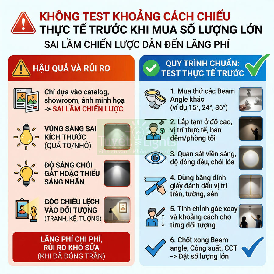 Infographic hướng dẫn test khoảng cách chiếu đèn downlight trước khi mua số lượng lớn để tránh lãng phí chi phí