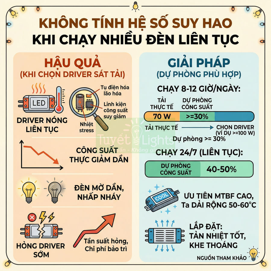 Infographic hướng dẫn chọn driver đèn LED chạy nhiều đèn liên tục, nêu hậu quả quá tải và giải pháp dự phòng công suất