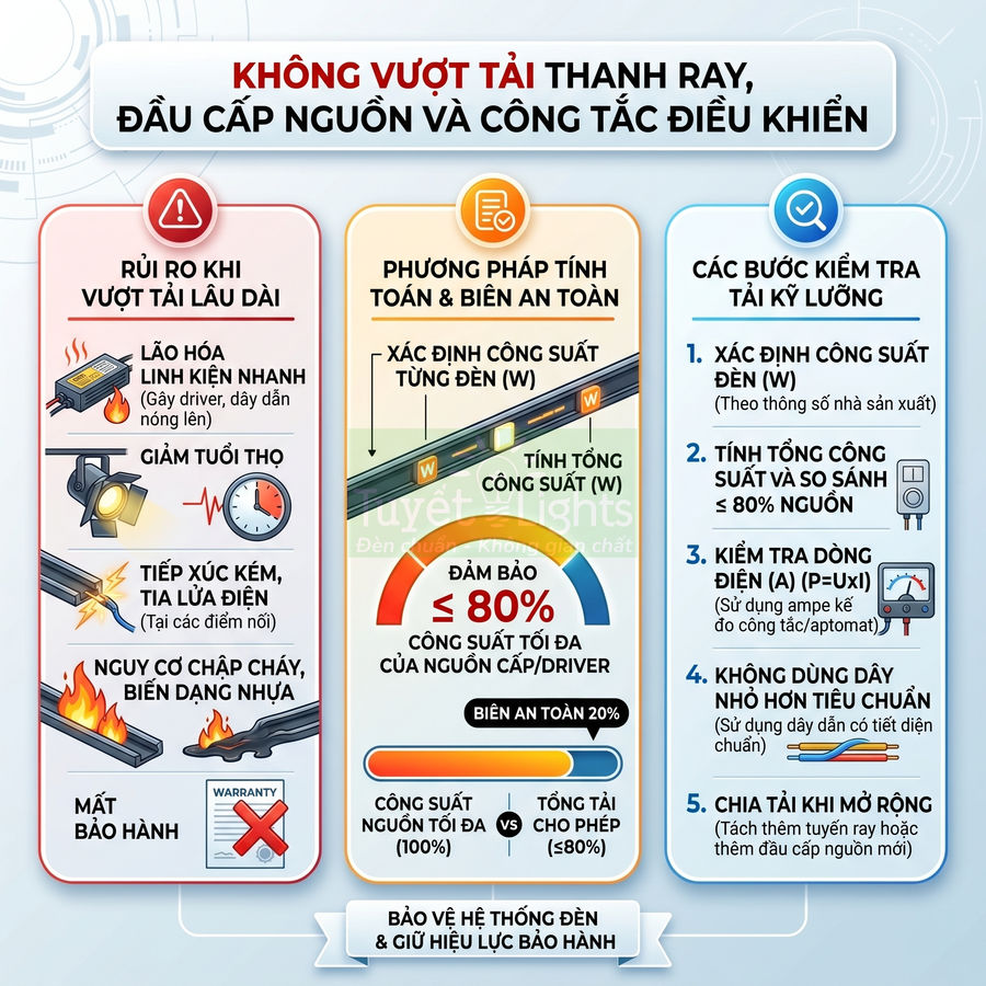 Hướng dẫn không vượt tải thanh ray và đầu cấp nguồn đèn LED để bảo vệ hệ thống và giữ hiệu lực bảo hành