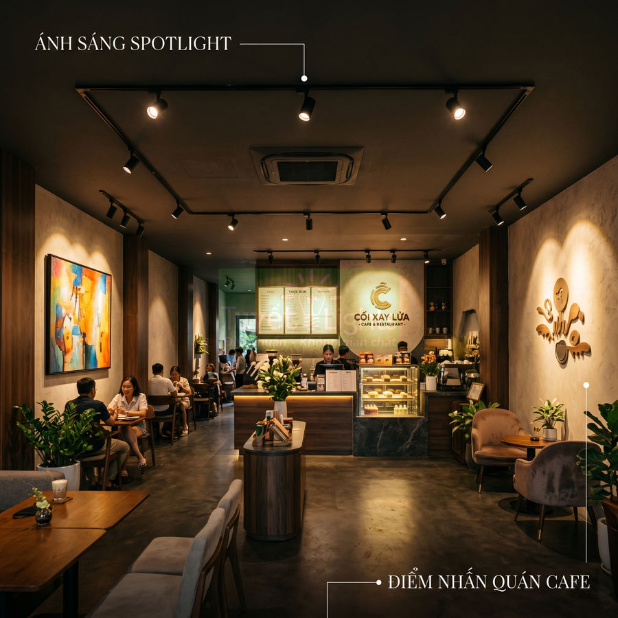 Không gian quán cafe Cối Xay Lúa ấm cúng với ánh sáng spotlight và quầy bánh ngọt hiện đại