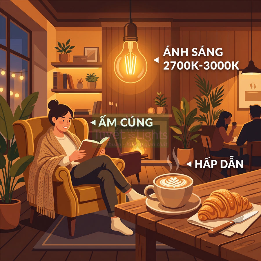 Không gian quán cà phê ấm cúng với đèn vàng 2700K 3000K, ly cappuccino và bánh croissant trên bàn