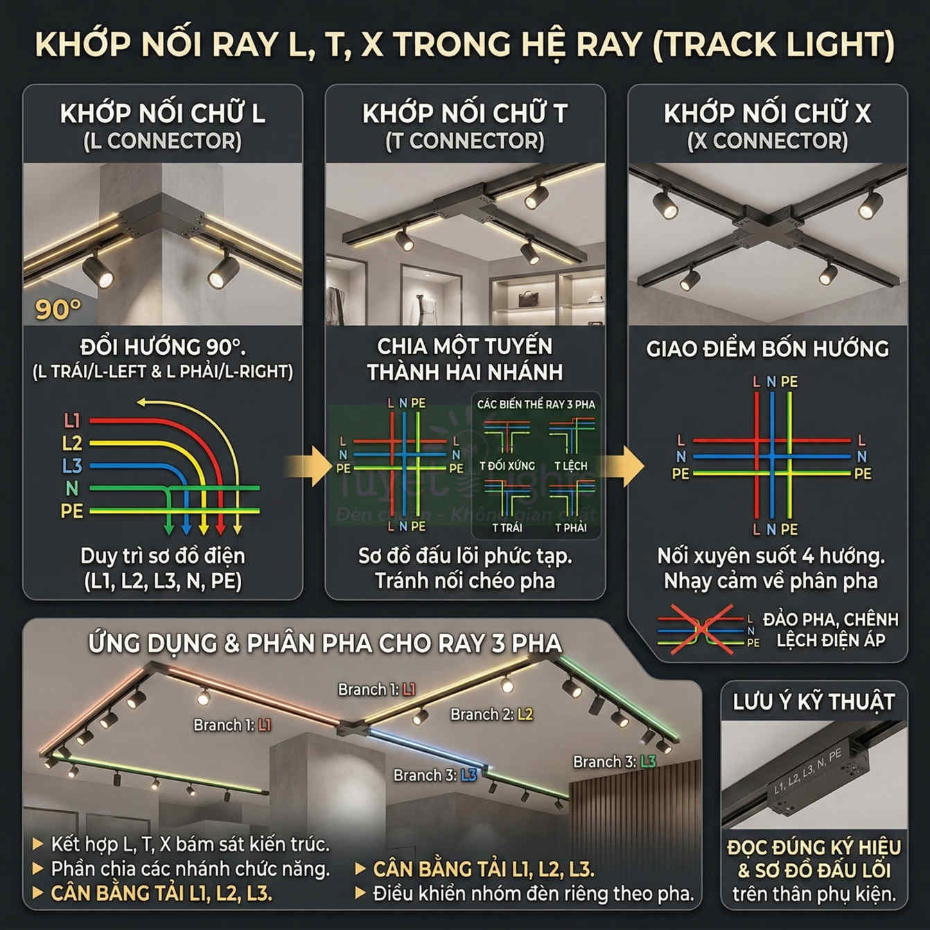 Khớp nối ray chữ L T X cho hệ đèn rọi ray 3 pha, minh họa cách đấu nối và phân pha L1 L2 L3