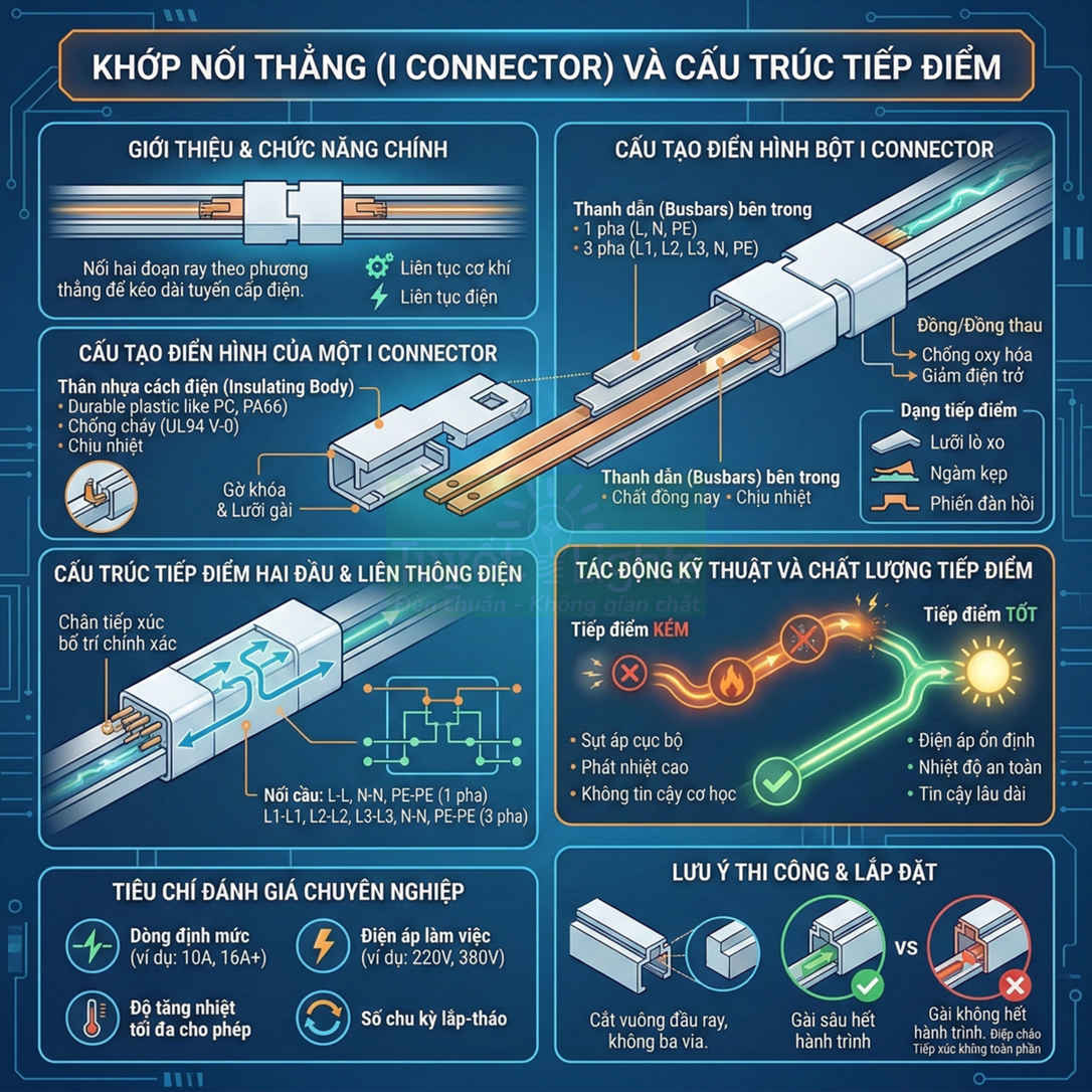 Khớp nối thẳng I connector và cấu trúc tiếp điểm cho hệ thống thanh dẫn điện busway