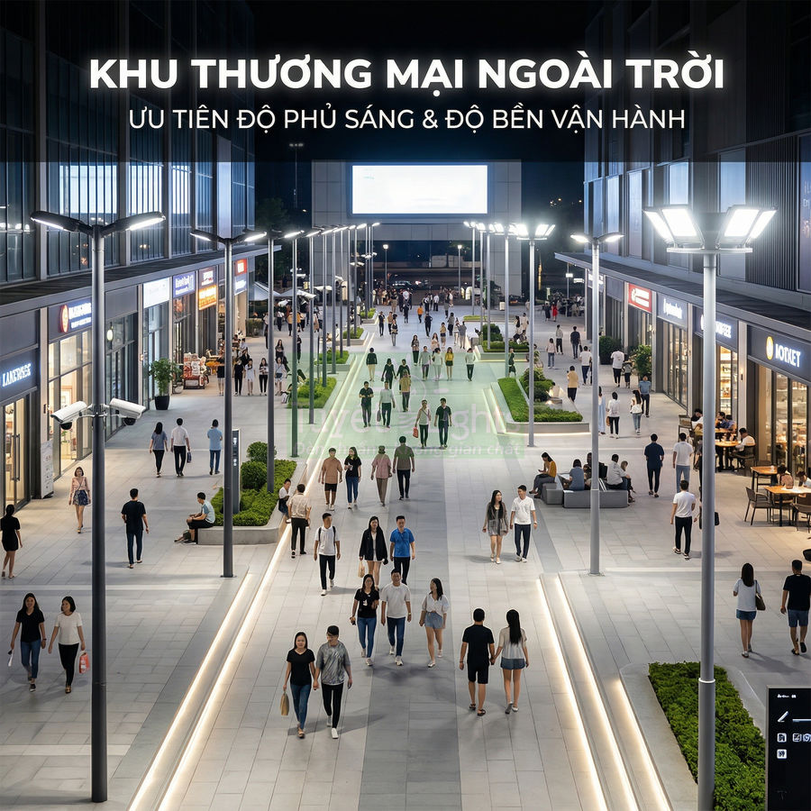 Đèn đường LED chiếu sáng khu thương mại ngoài trời hiện đại đông người đi bộ buổi tối