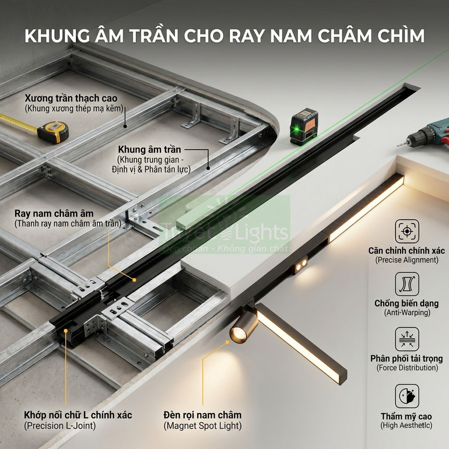 Khung âm trần cho ray nam châm chìm với thanh ray, khớp nối chữ L và đèn rọi nam châm lắp trên trần thạch cao