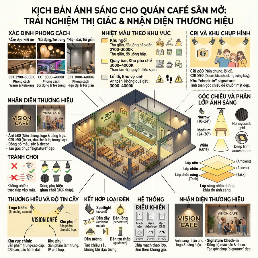 Mô phỏng thiết kế ánh sáng quán cà phê Vision Cafe với các loại đèn, khu vực và giải pháp chiếu sáng khác nhau