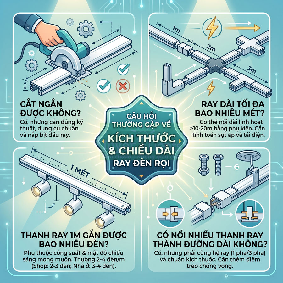 Infographic hướng dẫn kích thước, chiều dài và cách lắp đặt thanh ray đèn rọi trần nhà