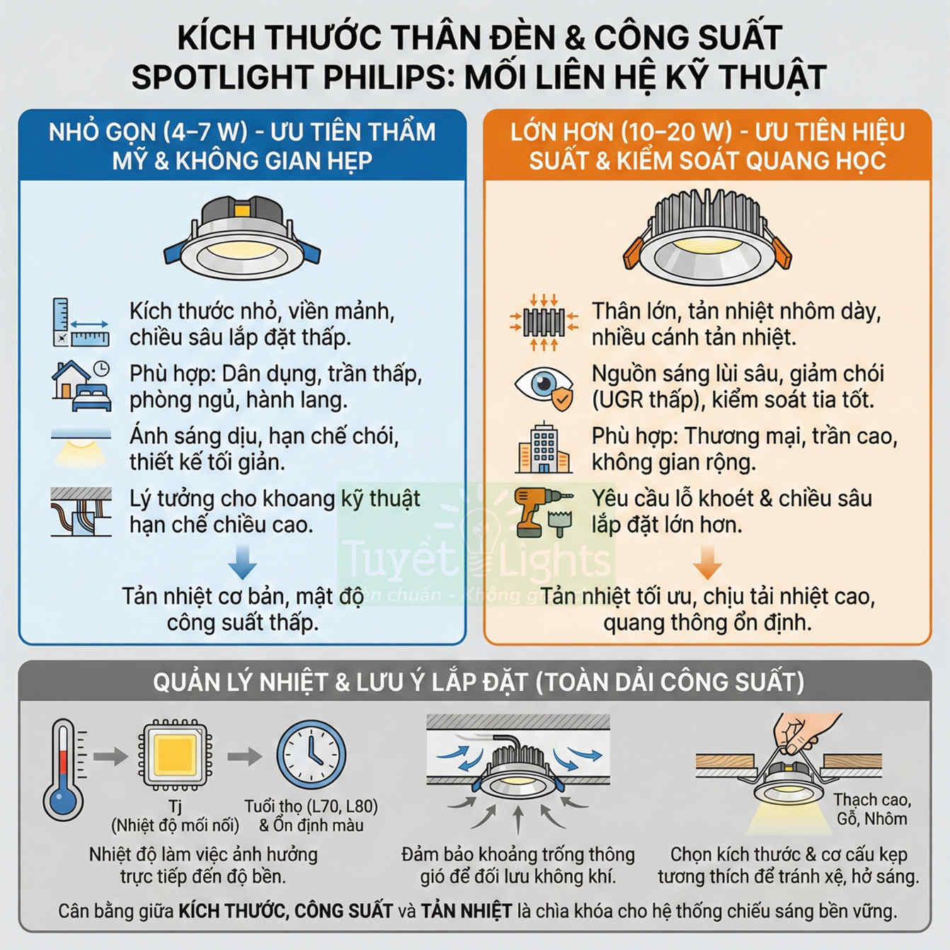 Infographic so sánh kích thước thân đèn và công suất đèn spotlight Philips cho không gian hẹp và không gian rộng