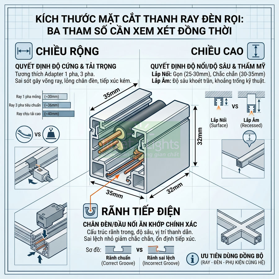 Mặt cắt thanh ray đèn rọi nhôm với kích thước chi tiết, rãnh tiếp điện và hướng dẫn lắp nổi, lắp âm