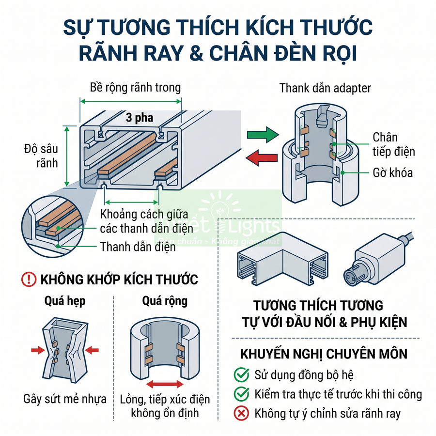 Sơ đồ hướng dẫn kích thước rãnh ray 3 pha và chân đèn rọi, cảnh báo không khớp kích thước và khuyến nghị lắp đặt