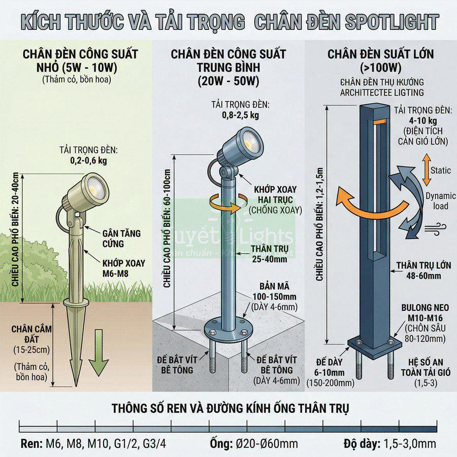 Kích thước và tải trọng chân đèn spotlight ngoài trời cho công suất nhỏ, trung bình và lớn
