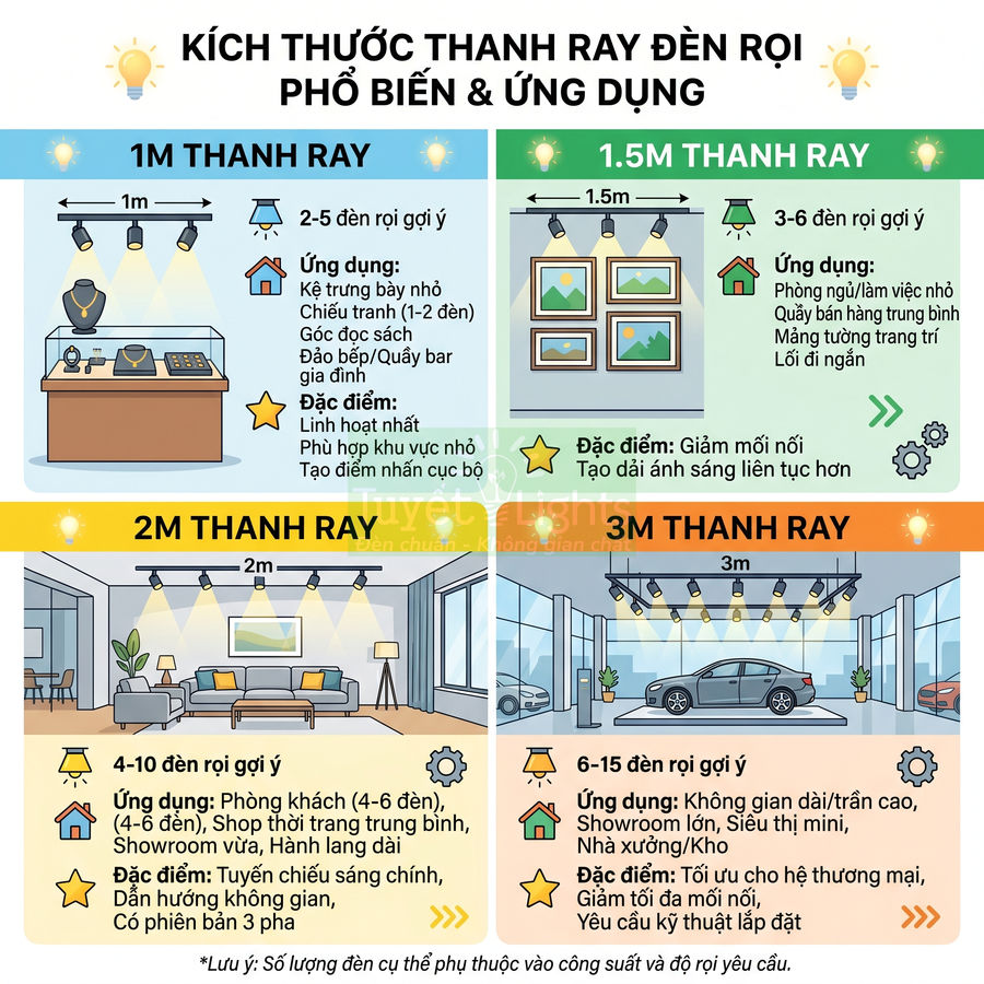 Bảng hướng dẫn kích thước thanh ray đèn rọi 1m 1.5m 2m 3m và số lượng đèn phù hợp cho từng không gian