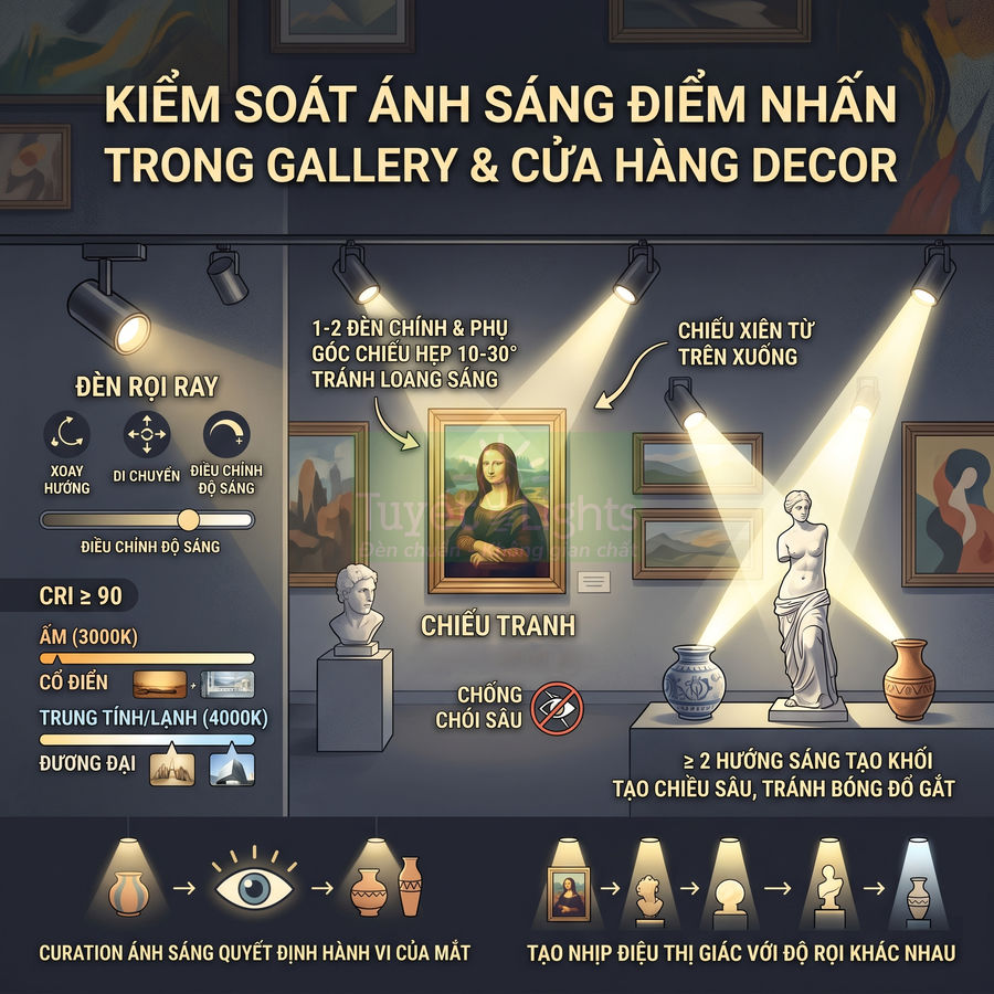 Đèn rọi ray chiếu tranh và tượng trong gallery, tạo điểm nhấn ánh sáng cho không gian trưng bày decor