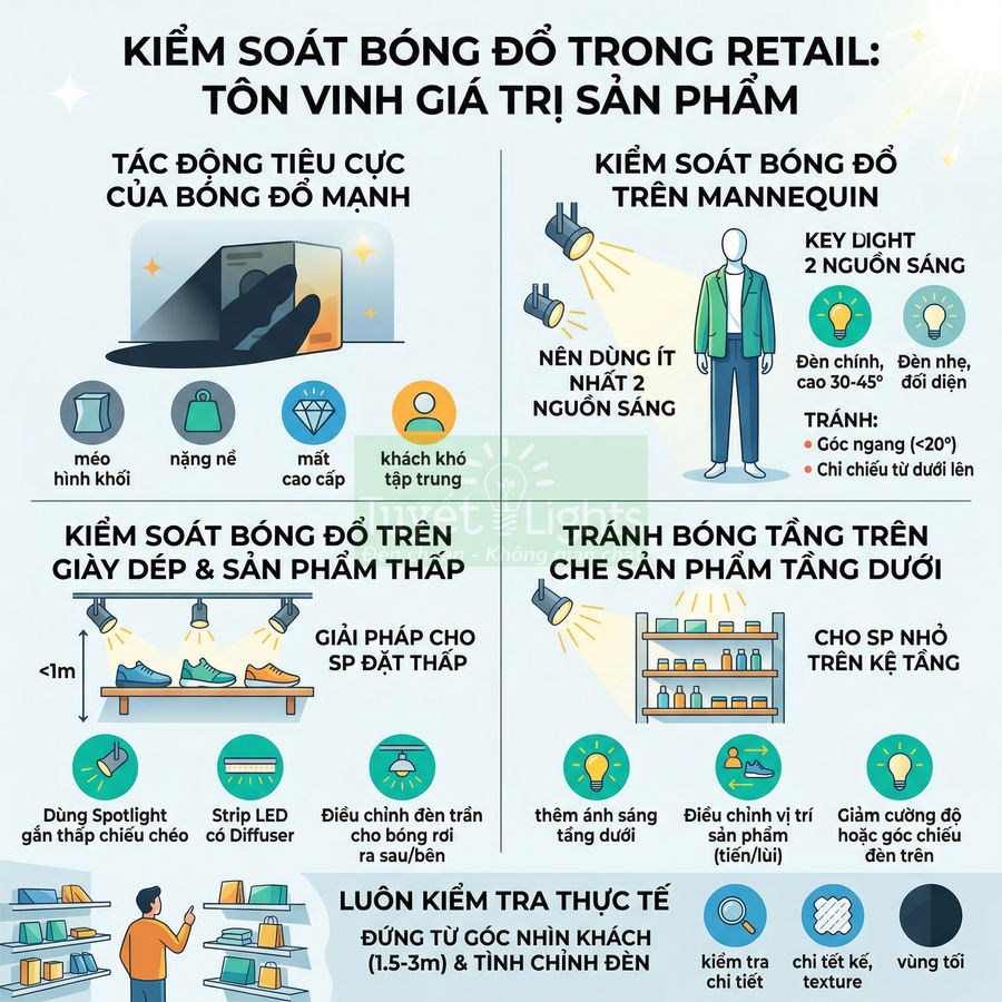 Infographic hướng dẫn kiểm soát bóng đổ trong cửa hàng bán lẻ để làm nổi bật và tôn vinh giá trị sản phẩm trưng bày