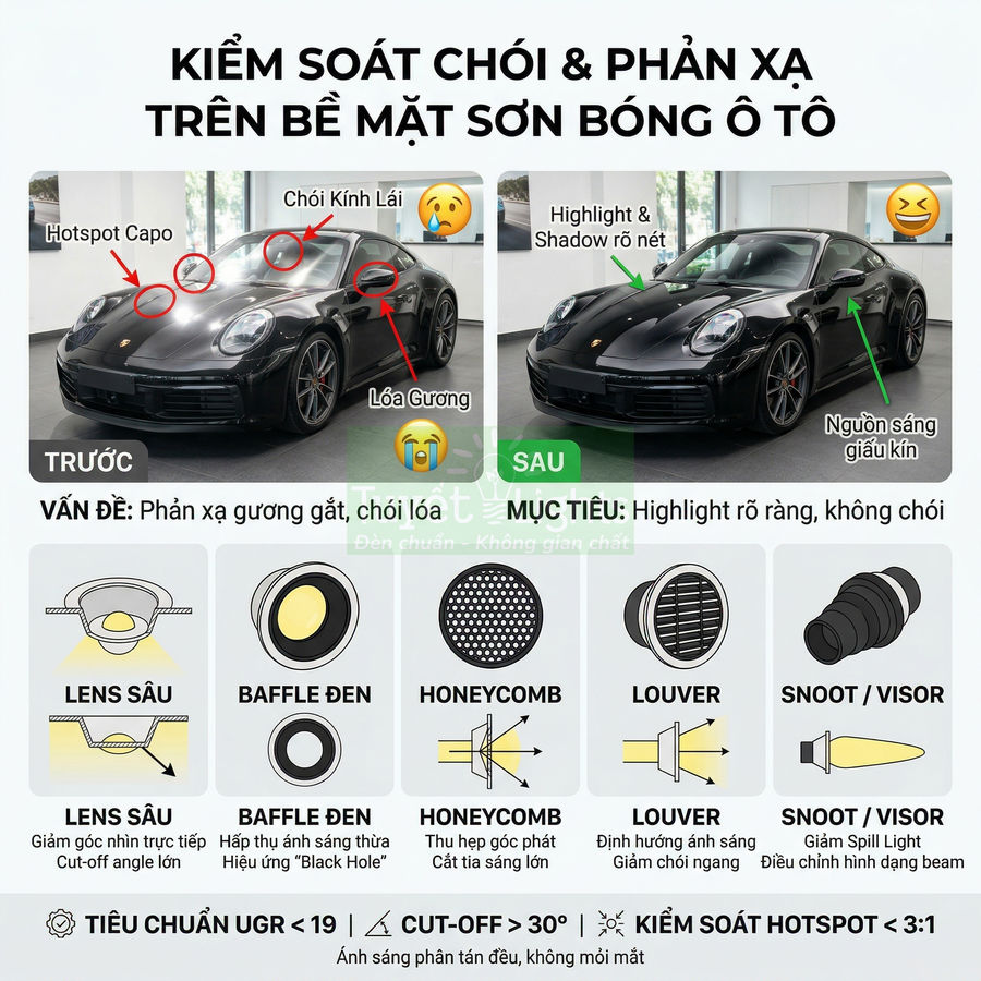 So sánh ánh sáng chiếu lên xe Porsche màu đen trước và sau khi kiểm soát chói trên bề mặt sơn bóng