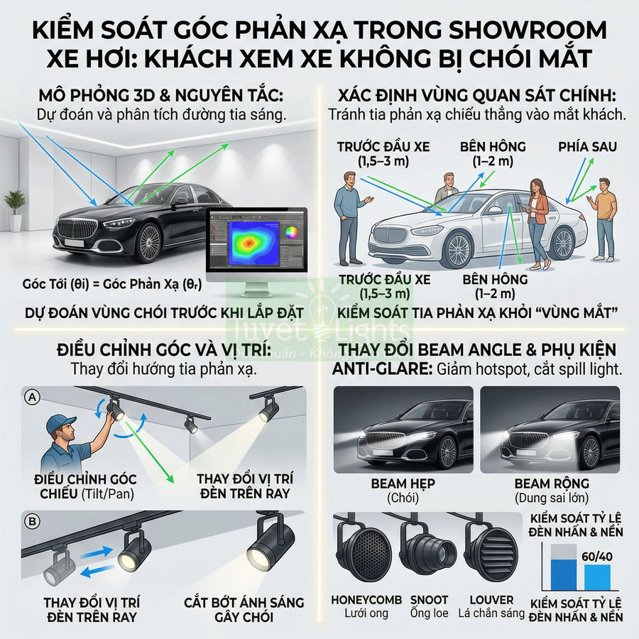 Hướng dẫn bố trí đèn chiếu sáng showroom ô tô để giảm chói mắt và làm nổi bật xe trưng bày