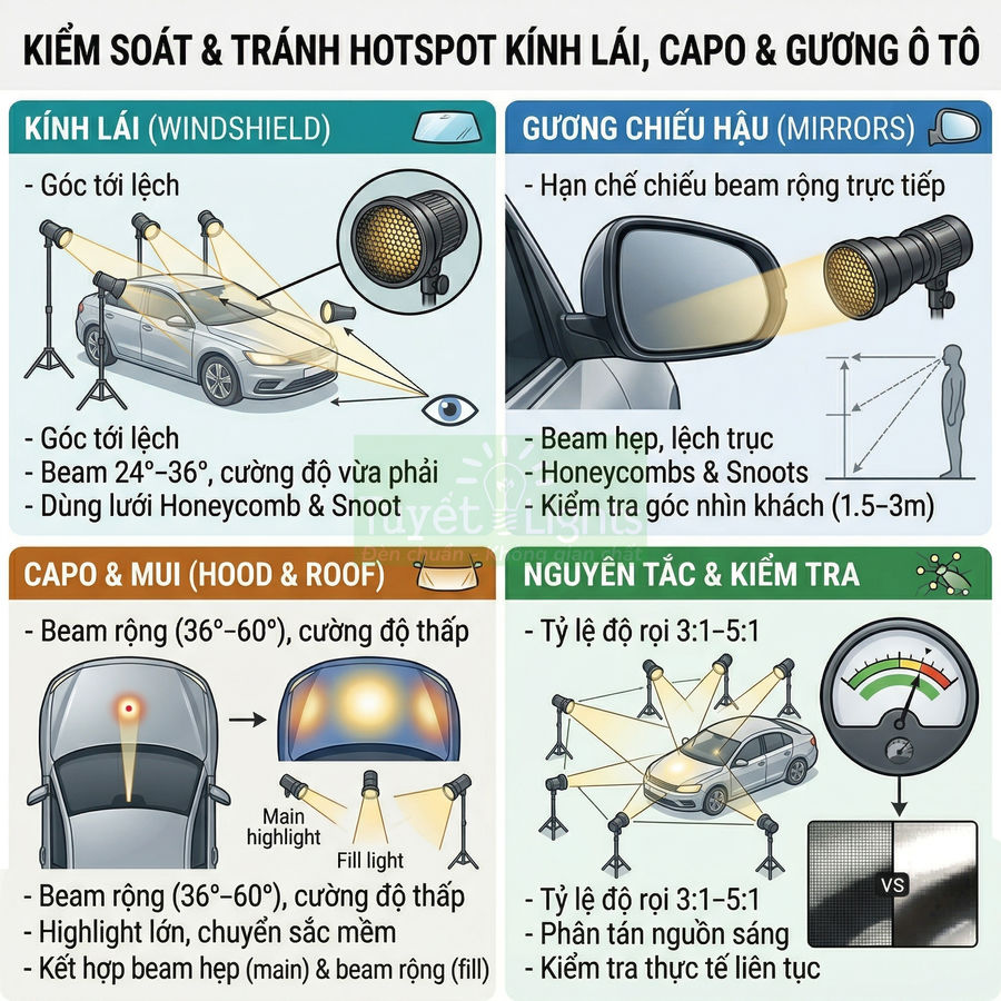 Hướng dẫn bố trí đèn chiếu sáng ô tô để tránh hotspot trên kính lái, gương chiếu hậu, capo và mui xe