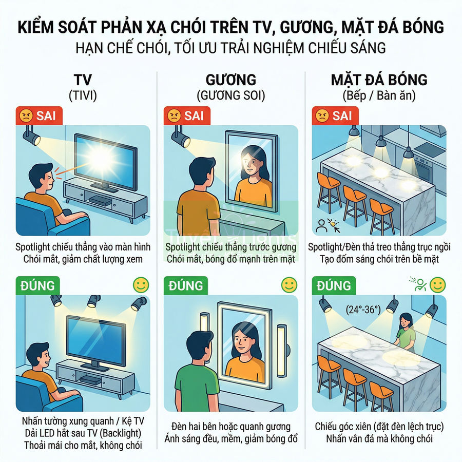 Hướng dẫn bố trí đèn spotlight đúng cách để giảm chói trên màn hình TV, gương soi và mặt đá bóng trong nhà