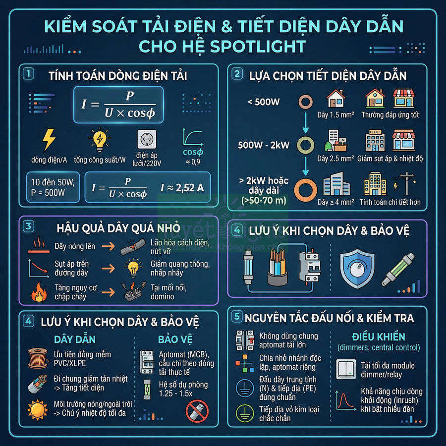 Infographic hướng dẫn kiểm soát tải điện và chọn tiết diện dây dẫn an toàn cho hệ thống đèn spotlight