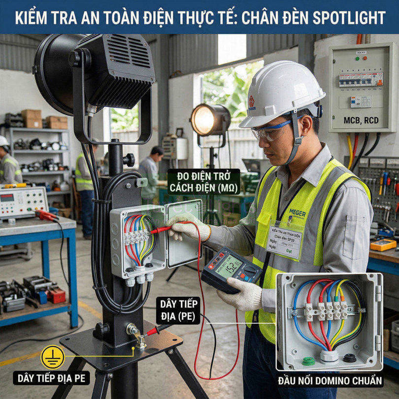 Kỹ sư điện kiểm tra an toàn chân đèn spotlight bằng đồng hồ đo điện trở cách điện trong tủ đấu nối dây