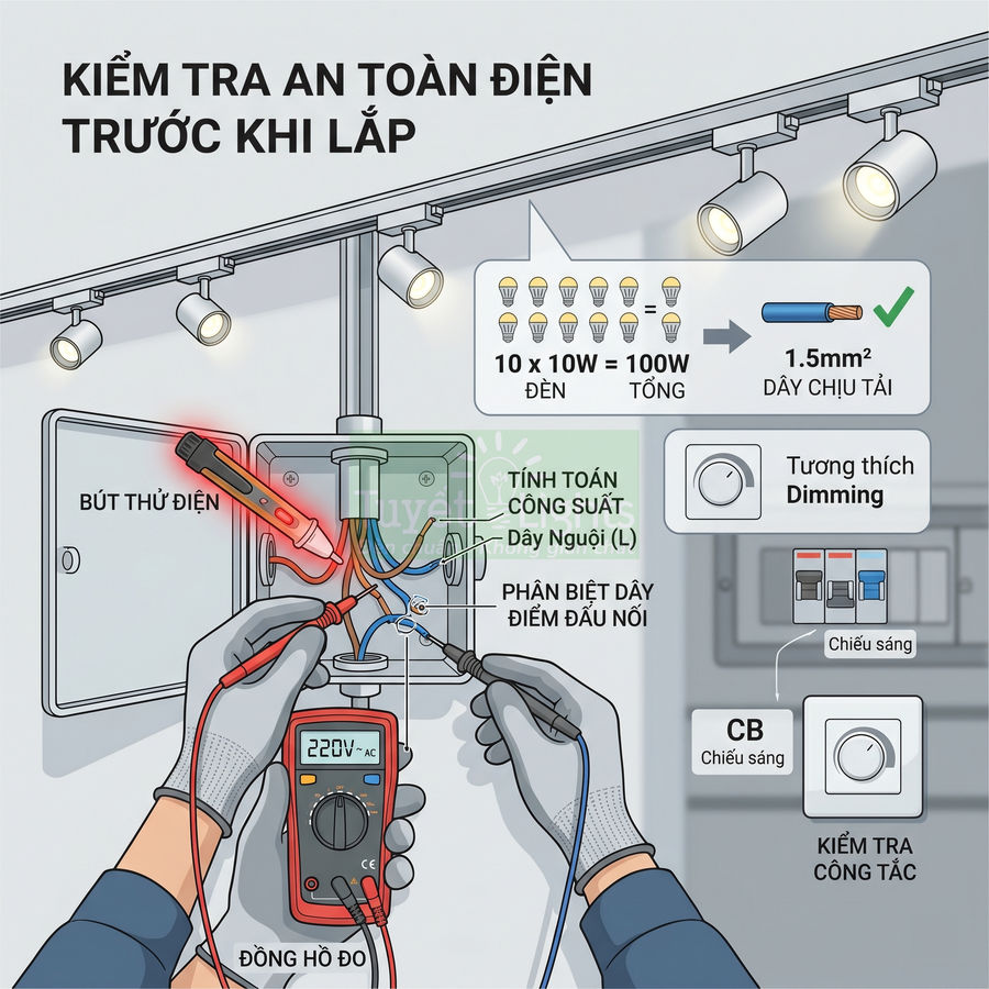 Hướng dẫn kiểm tra an toàn điện và đấu nối đèn chiếu sáng bằng đồng hồ đo và bút thử điện