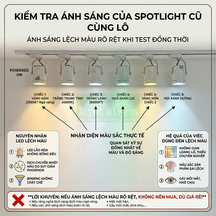 Dãy đèn spotlight LED gắn trần với nhiều màu ánh sáng khác nhau dùng để so sánh độ lệch màu