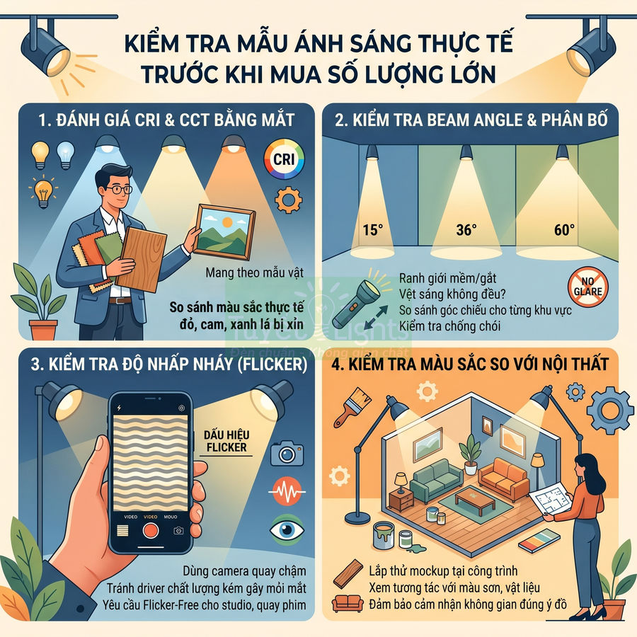 Infographic hướng dẫn kiểm tra chất lượng ánh sáng đèn LED trước khi mua số lượng lớn