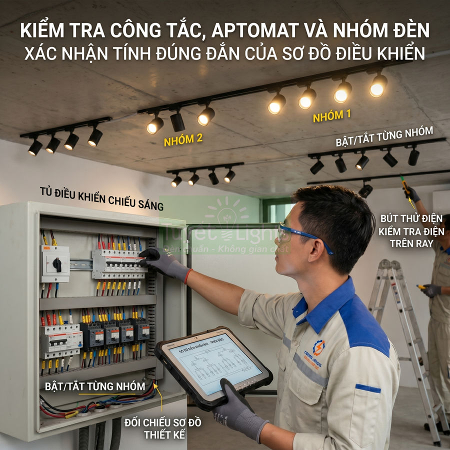 Kỹ thuật viên kiểm tra tủ điều khiển chiếu sáng và hệ thống đèn ray trần bằng máy tính bảng