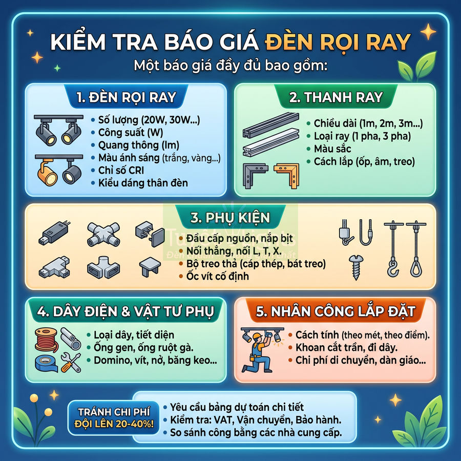 Infographic kiểm tra báo giá đèn rọi ray gồm đèn, thanh ray, phụ kiện, dây điện và nhân công lắp đặt
