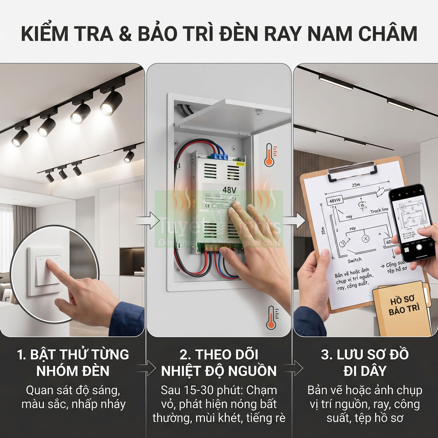 Hướng dẫn kiểm tra bảo trì đèn ray nam châm với công tắc, nguồn 48V và sơ đồ đi dây