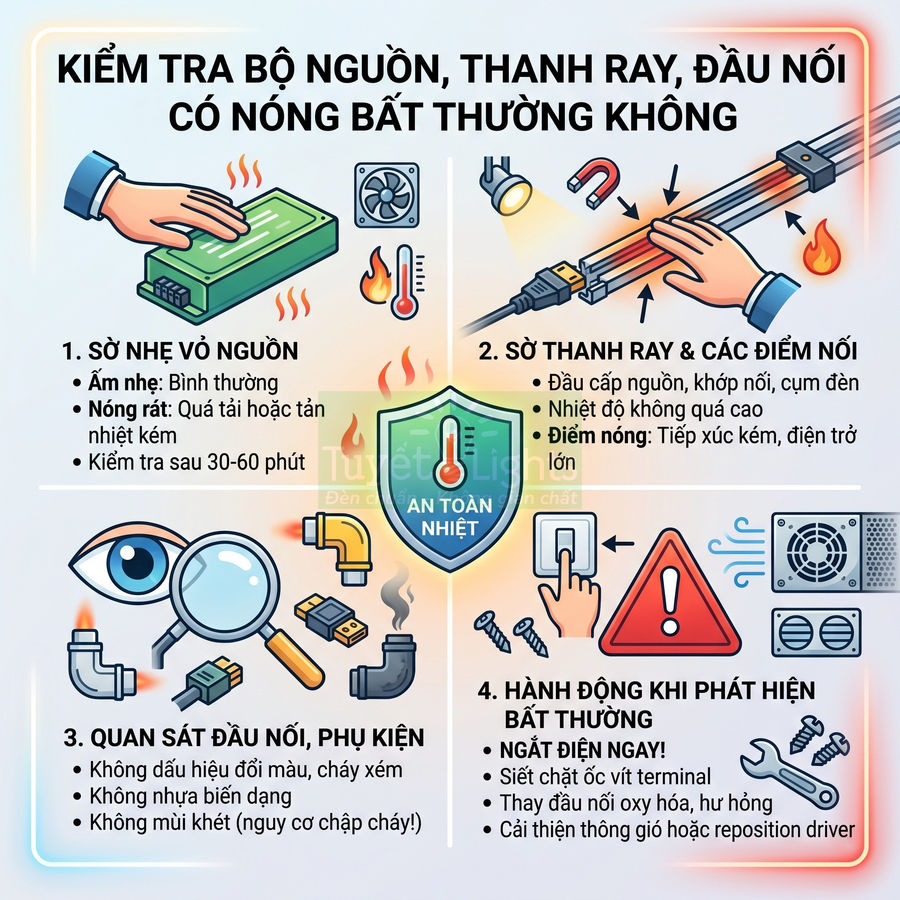 Hướng dẫn kiểm tra bộ nguồn, thanh ray và đầu nối điện để phát hiện nóng bất thường và đảm bảo an toàn nhiệt