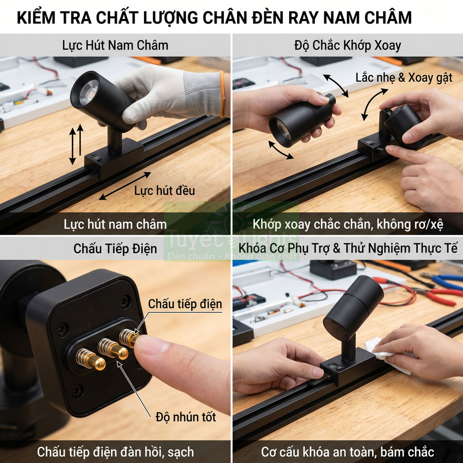 Kiểm tra chất lượng chân đèn ray nam châm màu đen với lực hút, khớp xoay và chấu tiếp điện trên bàn làm việc
