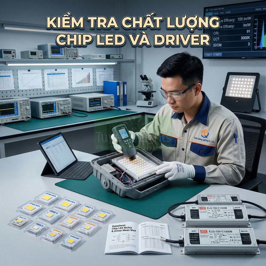 Kỹ sư kiểm tra chất lượng chip LED Nichia, Cree, Osram và driver Mean Well trong phòng thí nghiệm