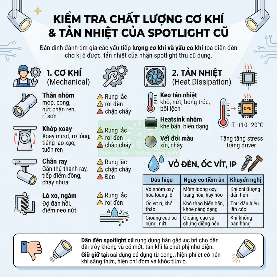 Hướng dẫn kiểm tra chất lượng cơ khí và tản nhiệt của đèn spotlight cũ với các dấu hiệu hư hỏng và khuyến nghị sửa chữa