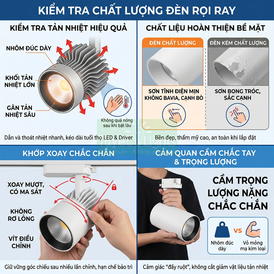 Hướng dẫn kiểm tra chất lượng đèn rọi ray nhôm đúc dày, tản nhiệt tốt, khớp xoay chắc chắn, cầm nặng tay