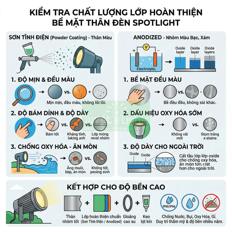 Hướng dẫn kiểm tra lớp hoàn thiện bề mặt thân đèn spotlight sơn tĩnh điện và anodized