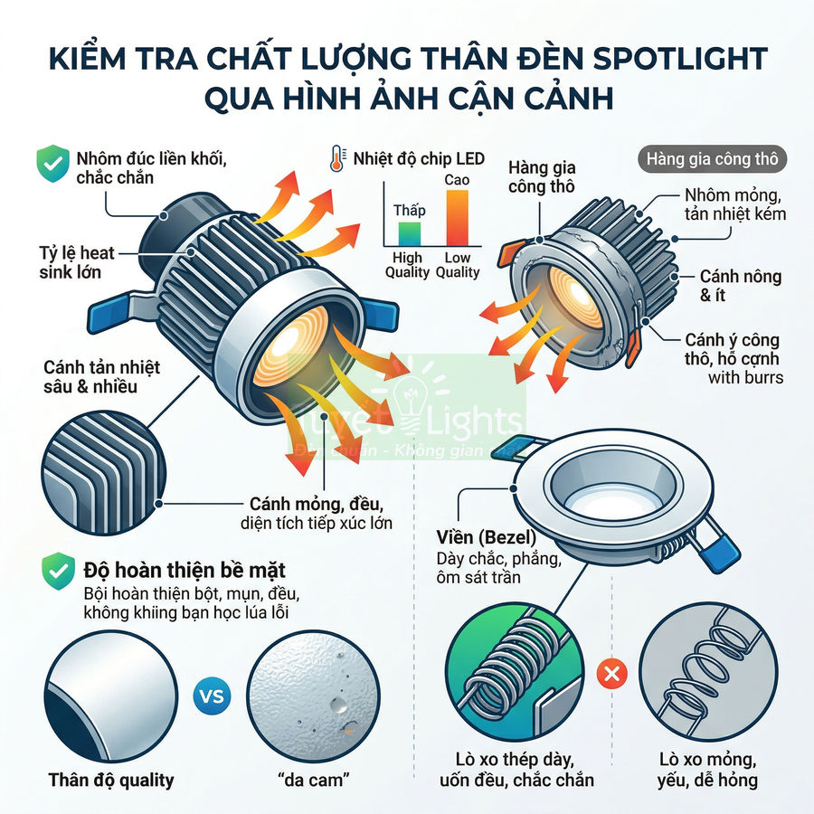 Hướng dẫn kiểm tra chất lượng thân đèn LED spotlight, so sánh tản nhiệt, bề mặt và lò xo lắp đặt