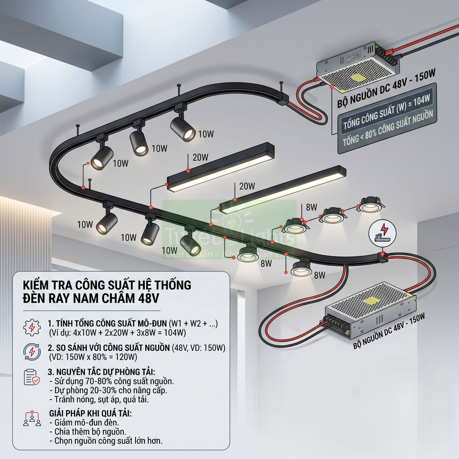 Hệ thống đèn ray nam châm 48V với nhiều đèn spotlight và thanh led, kèm bộ nguồn DC 150W trên trần nhà