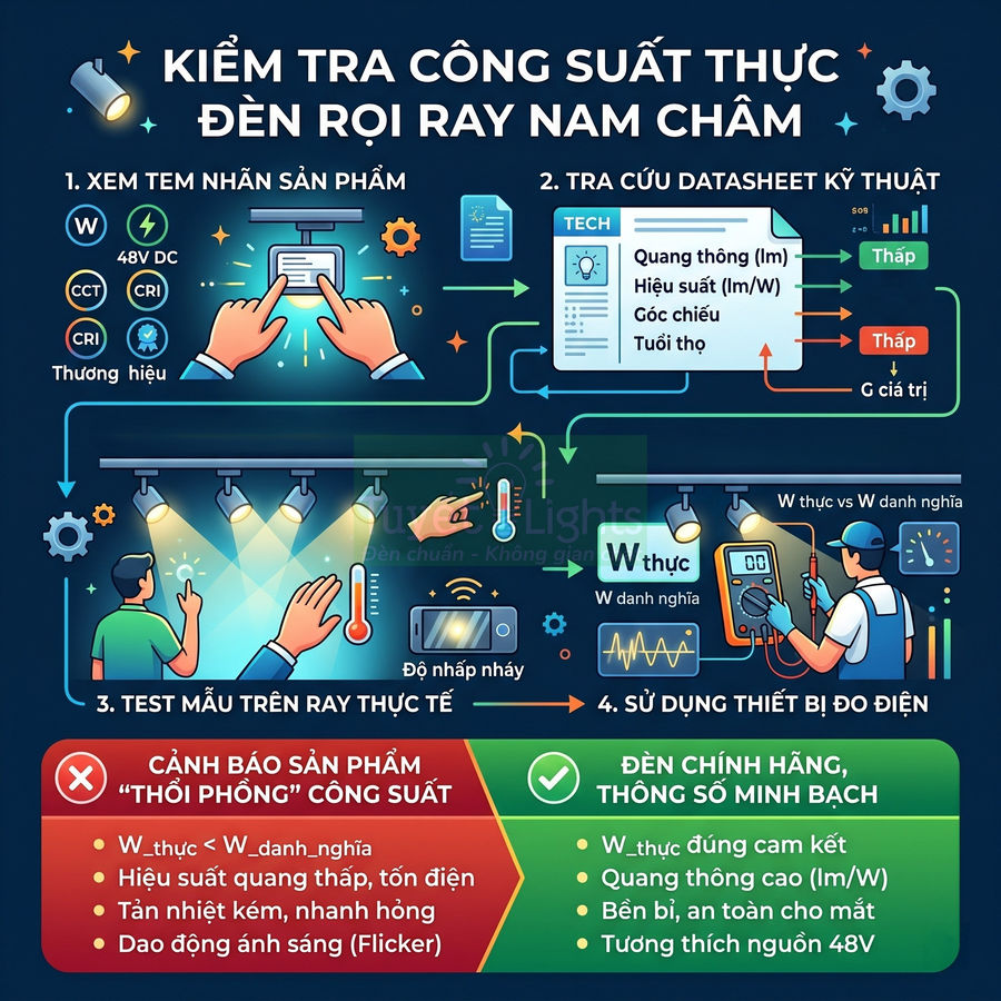 Hướng dẫn kiểm tra công suất thực đèn rọi ray nam châm và phân biệt đèn chính hãng với hàng thổi phồng